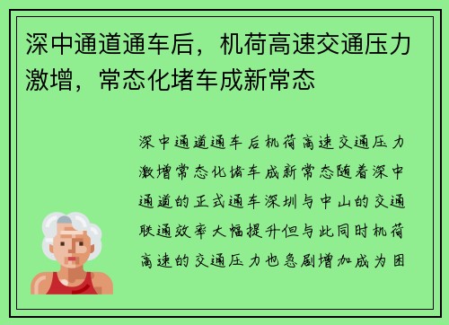 深中通道通车后，机荷高速交通压力激增，常态化堵车成新常态