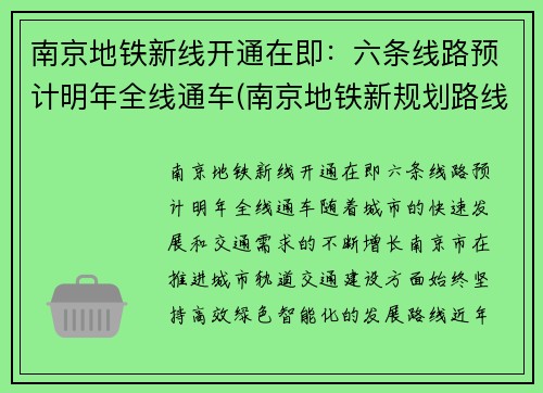 南京地铁新线开通在即：六条线路预计明年全线通车(南京地铁新规划路线图)
