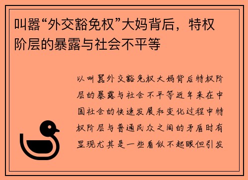 叫嚣“外交豁免权”大妈背后，特权阶层的暴露与社会不平等