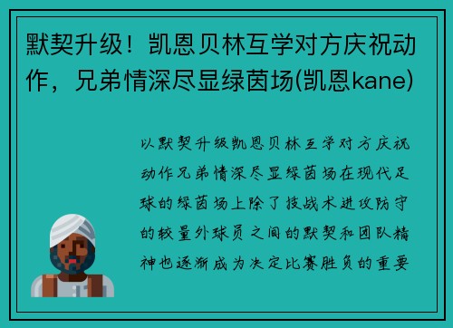 默契升级！凯恩贝林互学对方庆祝动作，兄弟情深尽显绿茵场(凯恩kane)