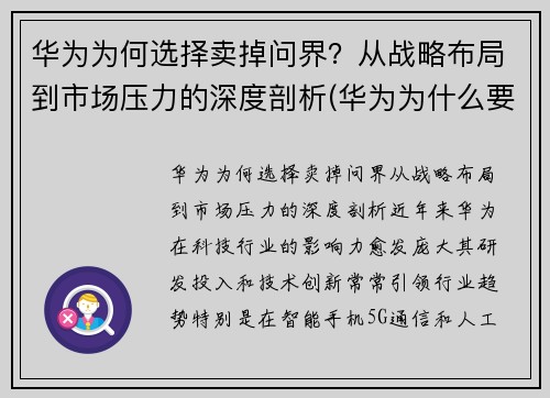 华为为何选择卖掉问界？从战略布局到市场压力的深度剖析(华为为什么要出售)