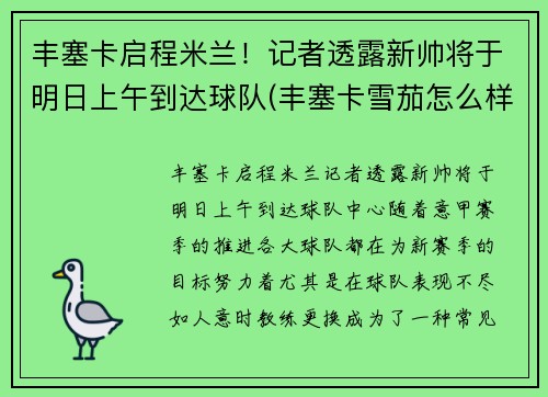 丰塞卡启程米兰！记者透露新帅将于明日上午到达球队(丰塞卡雪茄怎么样)