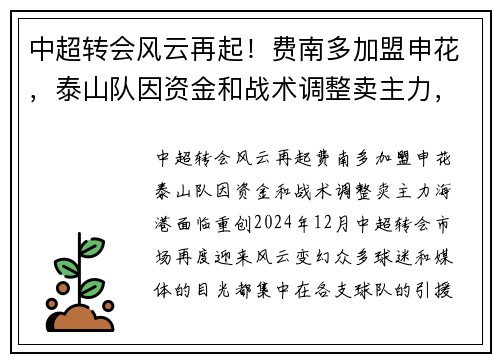 中超转会风云再起！费南多加盟申花，泰山队因资金和战术调整卖主力，海港面临重创