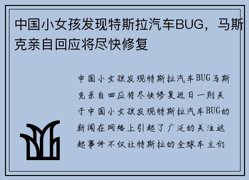 中国小女孩发现特斯拉汽车BUG，马斯克亲自回应将尽快修复