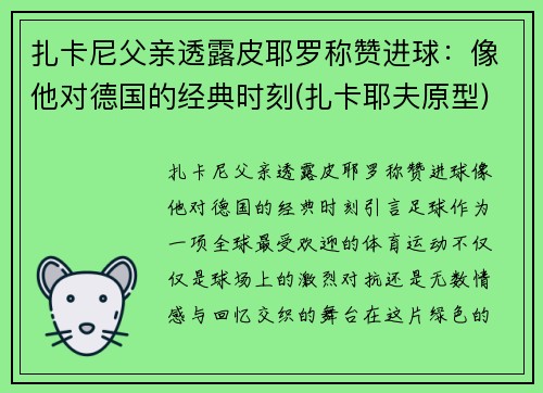 扎卡尼父亲透露皮耶罗称赞进球：像他对德国的经典时刻(扎卡耶夫原型)