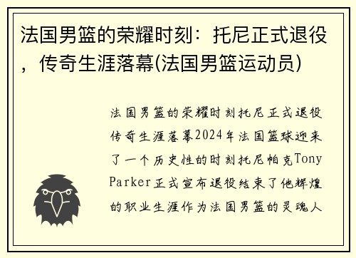 法国男篮的荣耀时刻：托尼正式退役，传奇生涯落幕(法国男篮运动员)