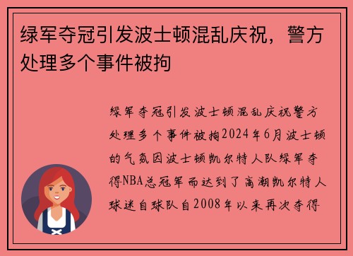 绿军夺冠引发波士顿混乱庆祝，警方处理多个事件被拘